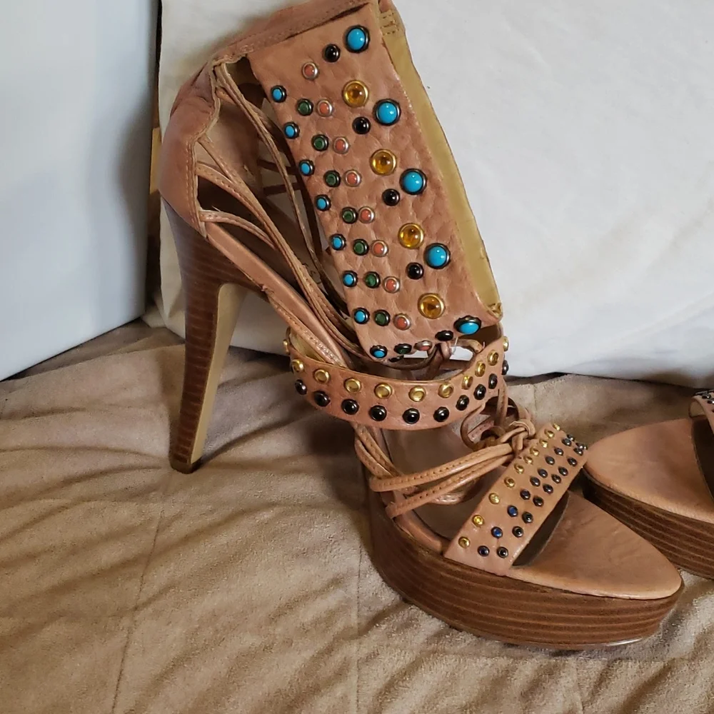 Nine West platform leather embelished heeled sandals - Picture 10 of 14